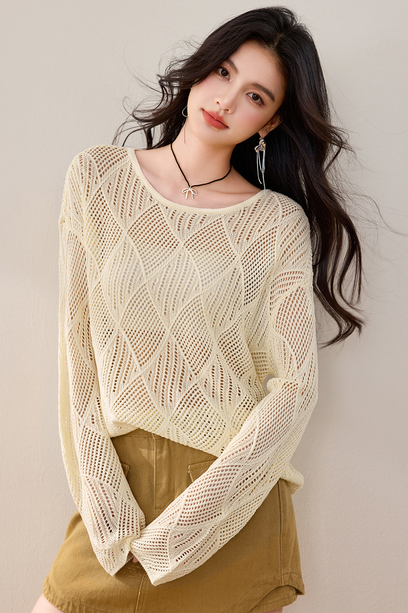 Horizontal collar temperament sweater yellow tops for women