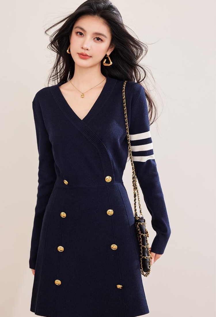 V-neck slim knitted college style France style dress