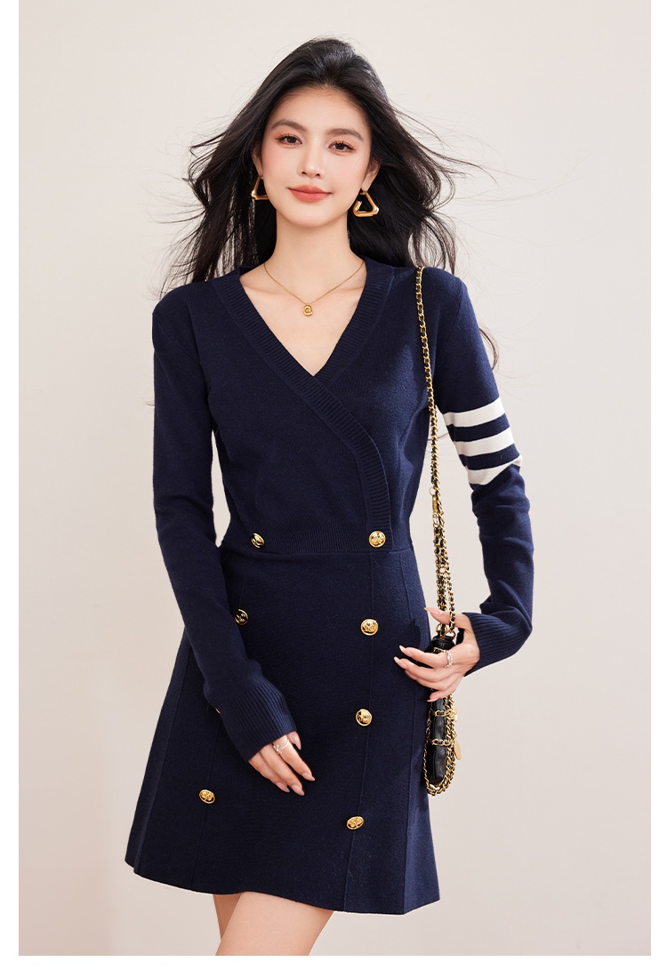 V-neck slim knitted college style France style dress
