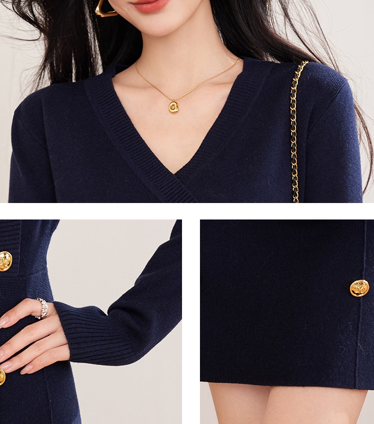 V-neck slim knitted college style France style dress