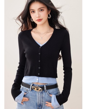 Autumn Pseudo-two cardigan short knitted tops for women