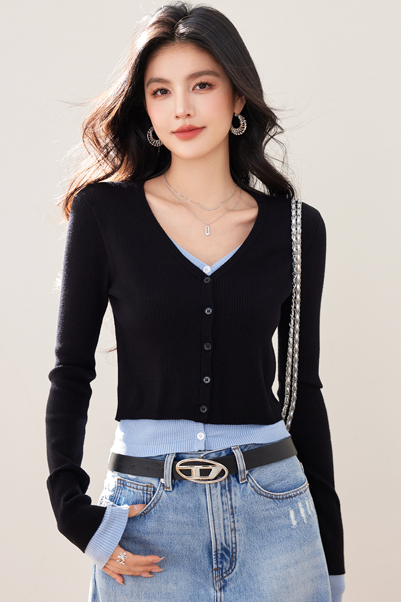 Autumn Pseudo-two cardigan short knitted tops for women