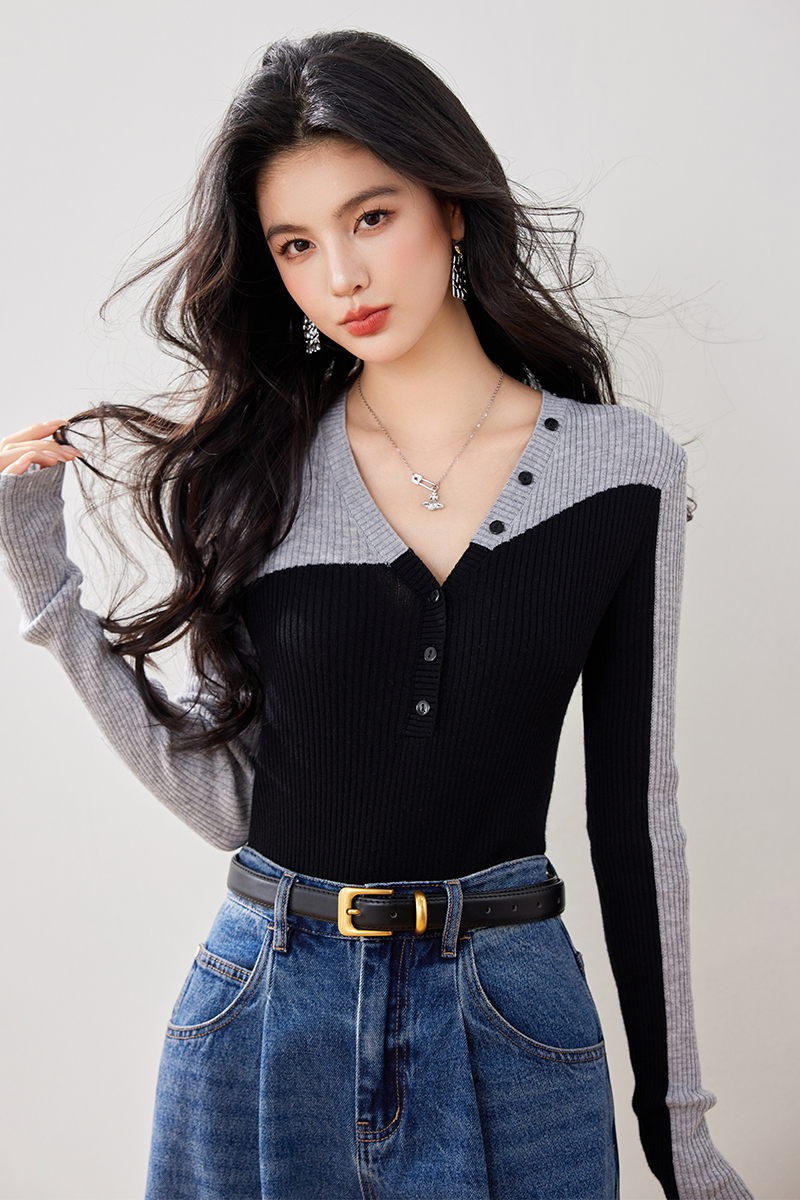 Slim mixed colors France style autumn and winter sweater