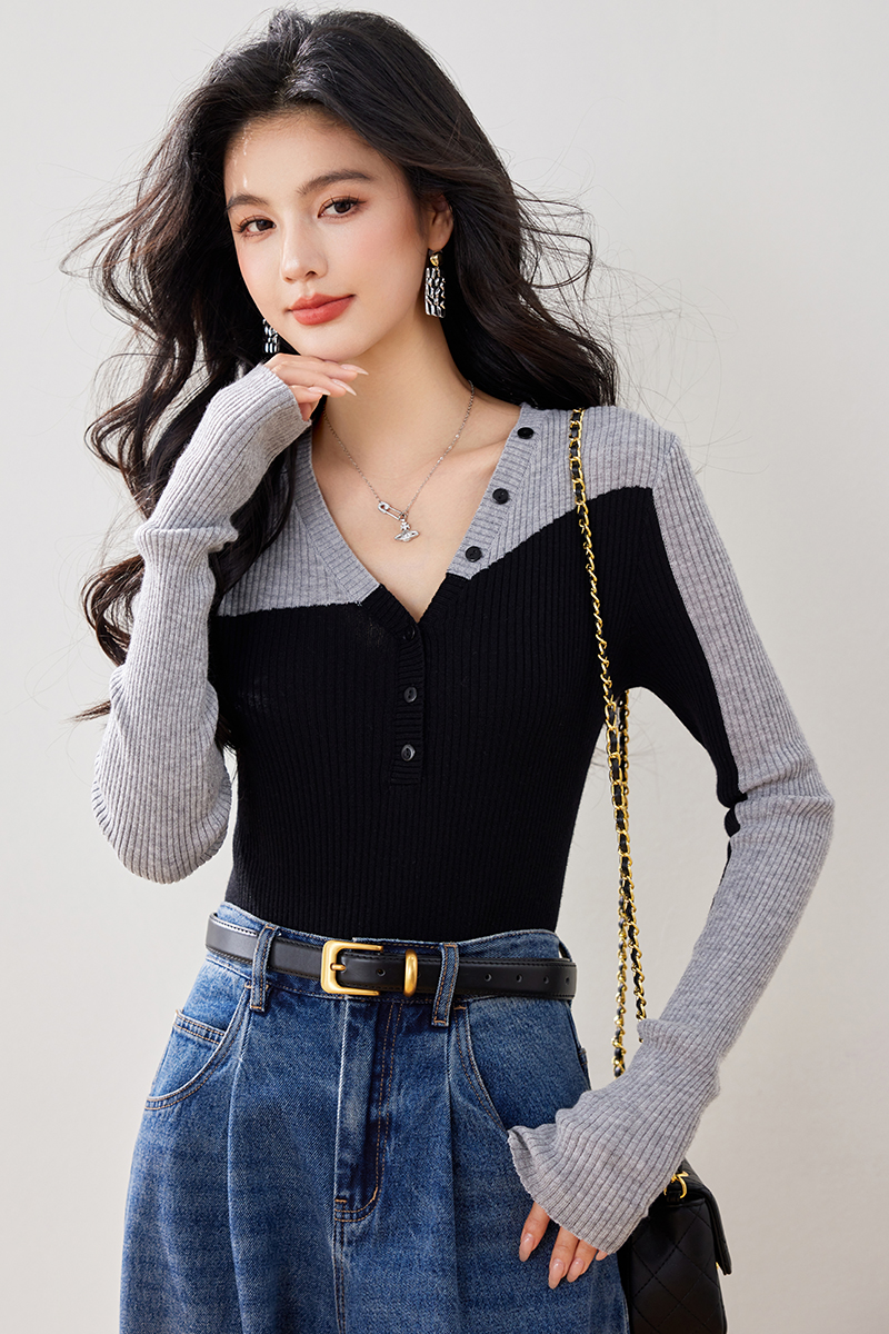 Slim mixed colors France style autumn and winter sweater