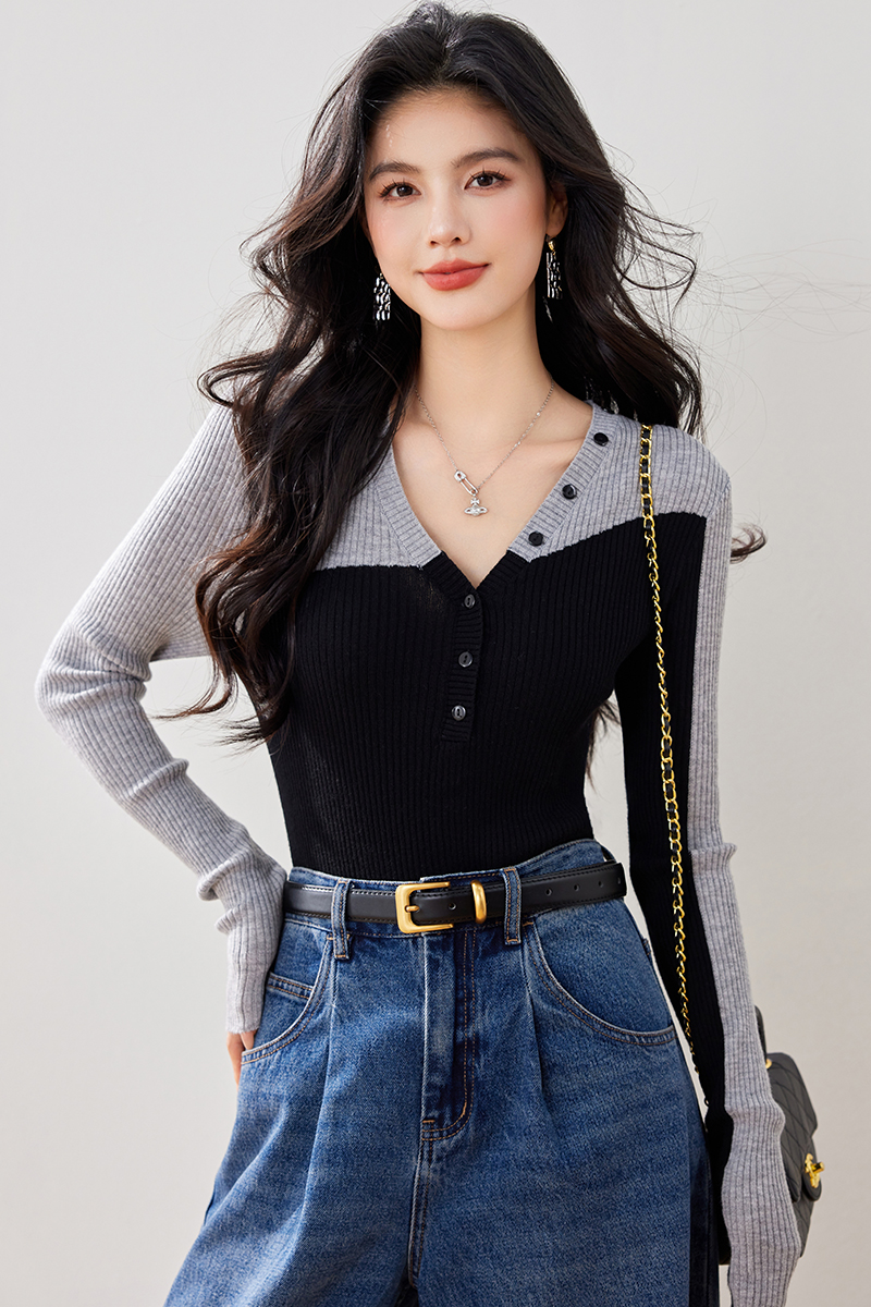 Slim mixed colors France style autumn and winter sweater