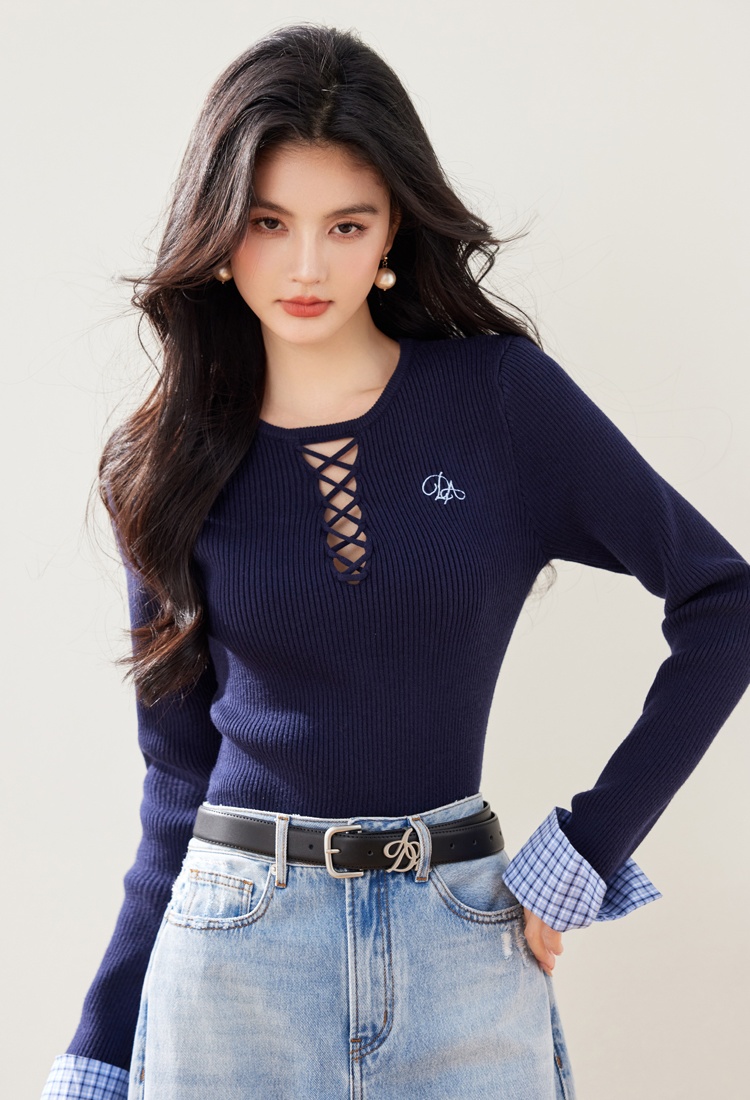 Inside the ride college style hollow embroidery sweater