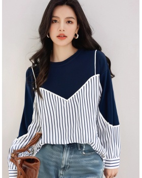 Pseudo-two loose hoodie splice long sleeve tops
