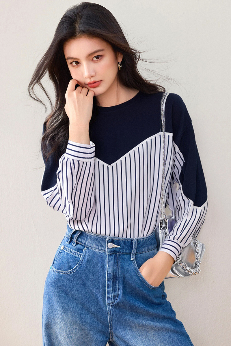 Pseudo-two loose hoodie splice long sleeve tops