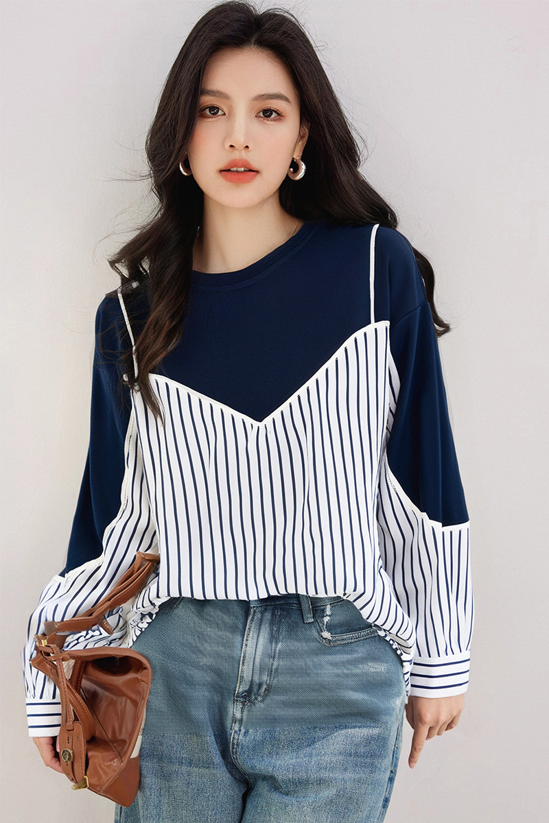 Pseudo-two loose hoodie splice long sleeve tops