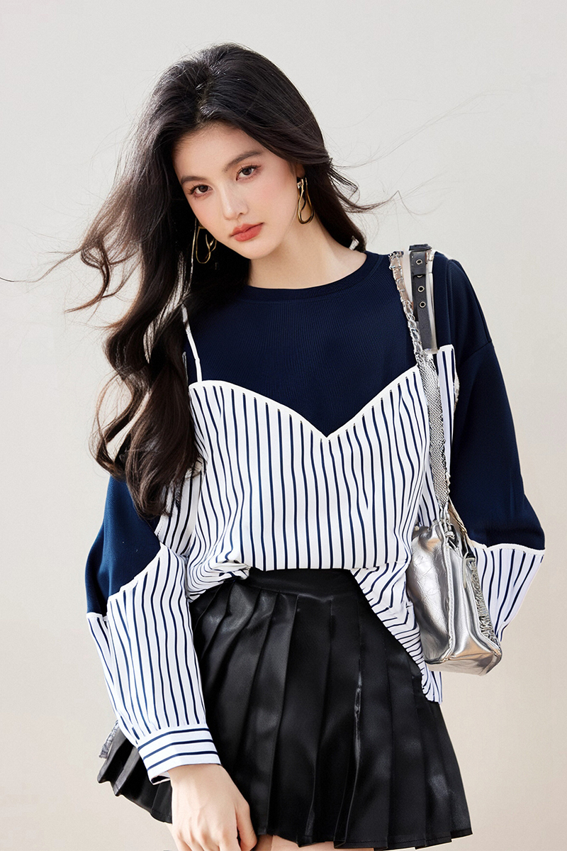 Pseudo-two loose hoodie splice long sleeve tops