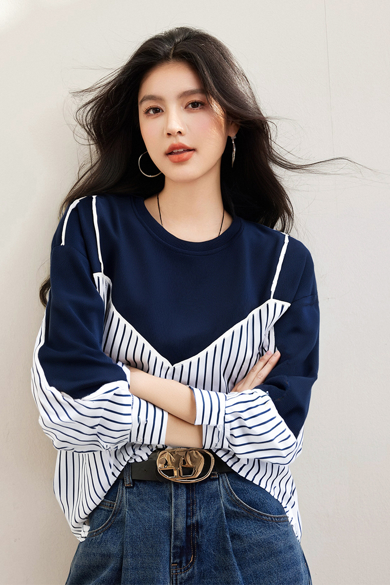 Pseudo-two loose hoodie splice long sleeve tops