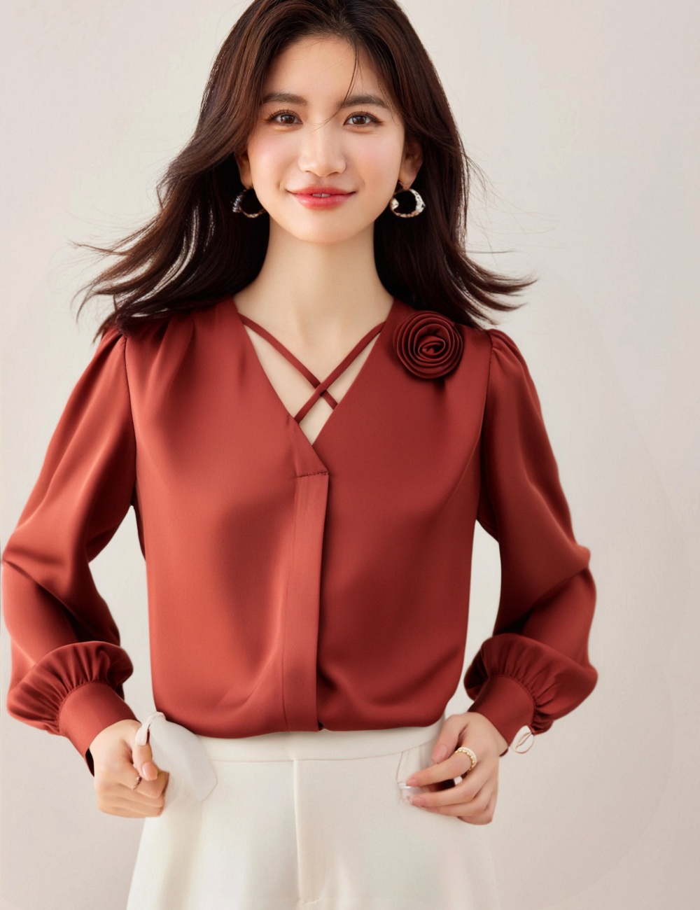 All-match lace V-neck shirts lady Casual chiffon shirt