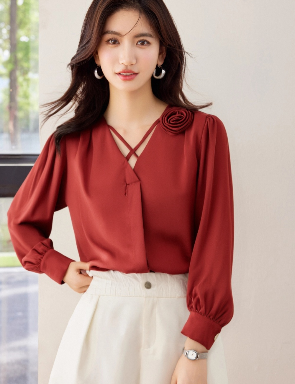 All-match lace V-neck shirts lady Casual chiffon shirt