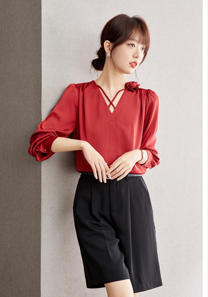 All-match lace V-neck shirts lady Casual chiffon shirt