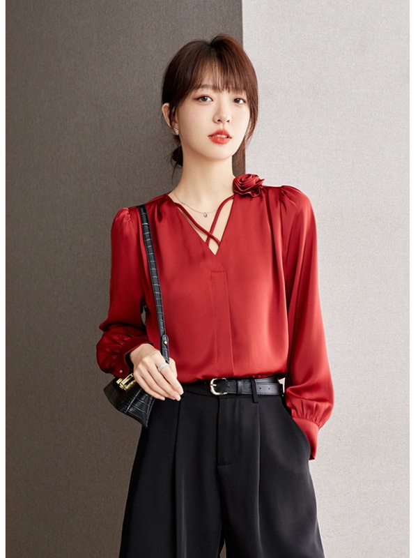 All-match lace V-neck shirts lady Casual chiffon shirt