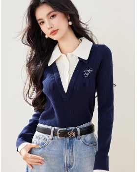 Pseudo-two slim sweater V-neck bottoming shirt for women