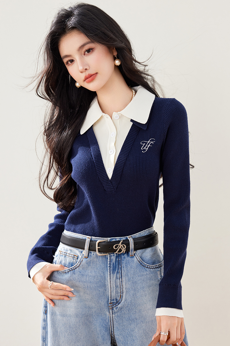 Pseudo-two slim sweater V-neck bottoming shirt for women