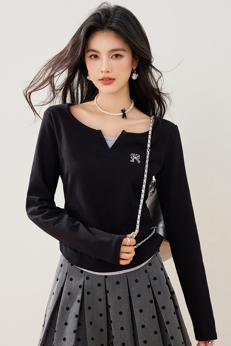 Black long sleeve tops spring Pseudo-two T-shirt
