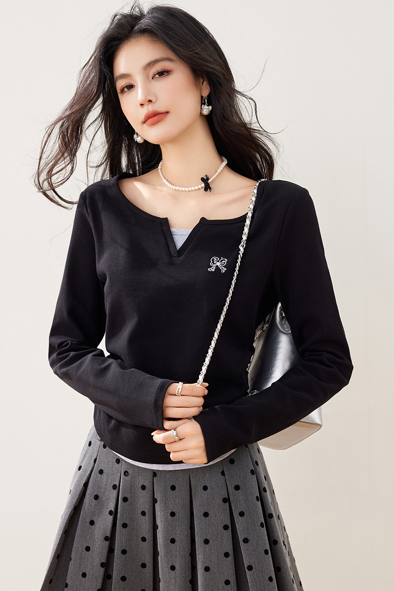 Black long sleeve tops spring Pseudo-two T-shirt