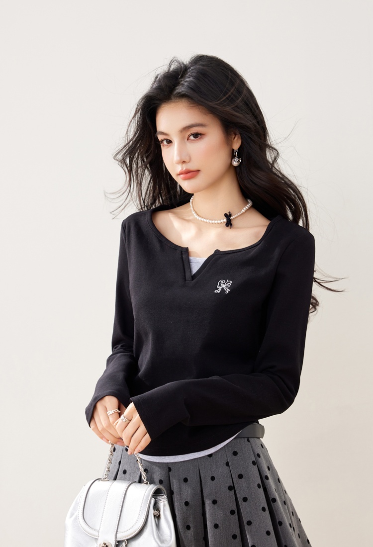 Black long sleeve tops spring Pseudo-two T-shirt