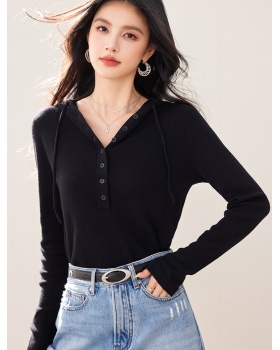Screw thread black single-breasted wool sweater for women