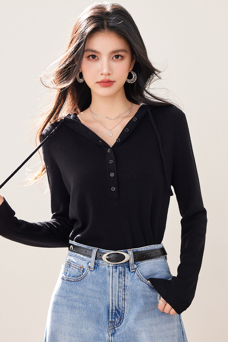 Screw thread black single-breasted wool sweater for women