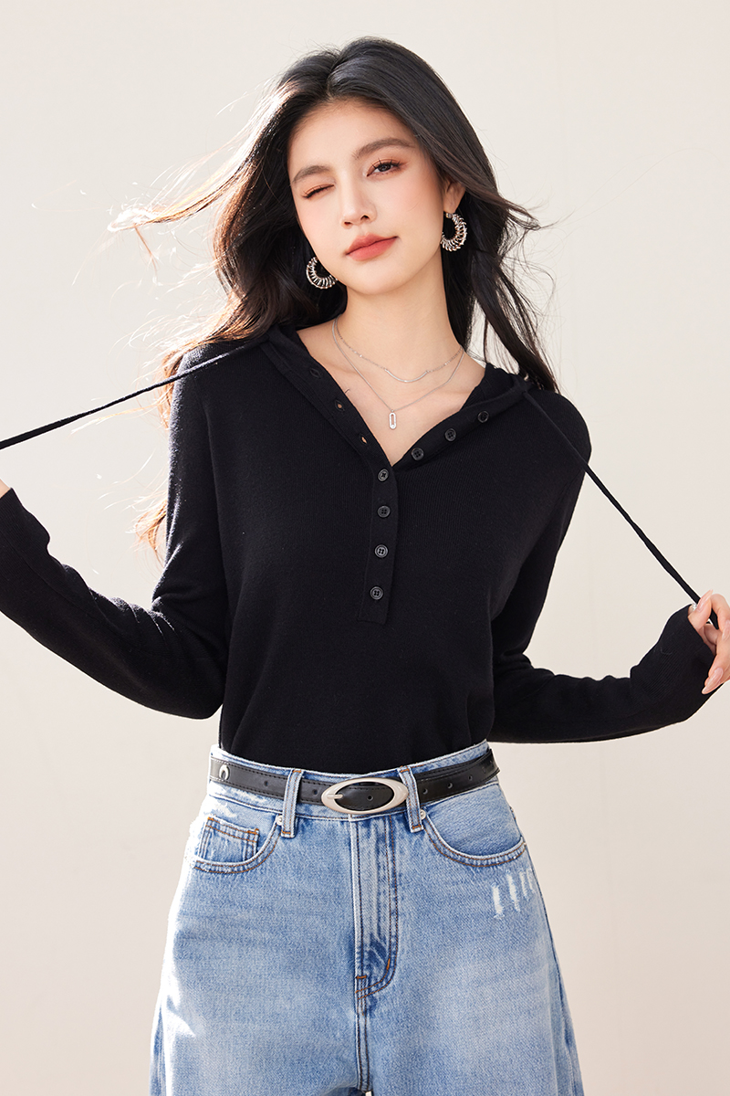 Screw thread black single-breasted wool sweater for women
