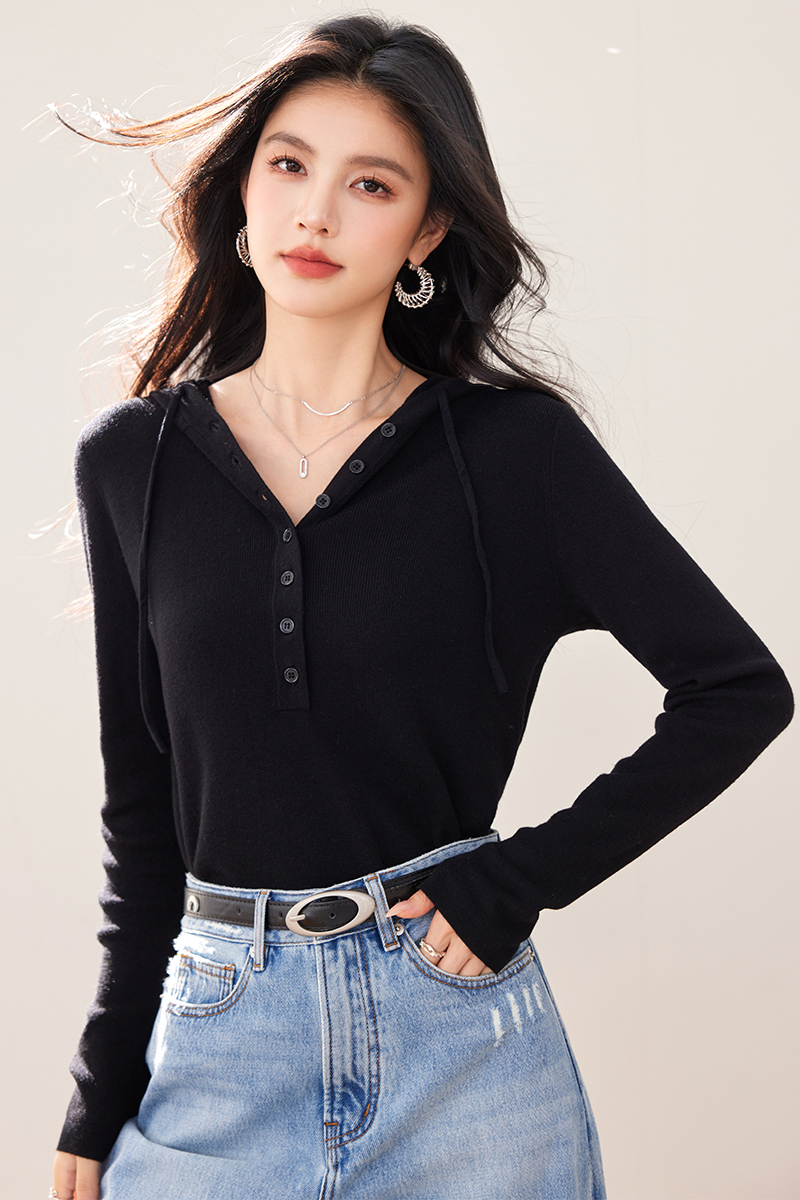 Screw thread black single-breasted wool sweater for women