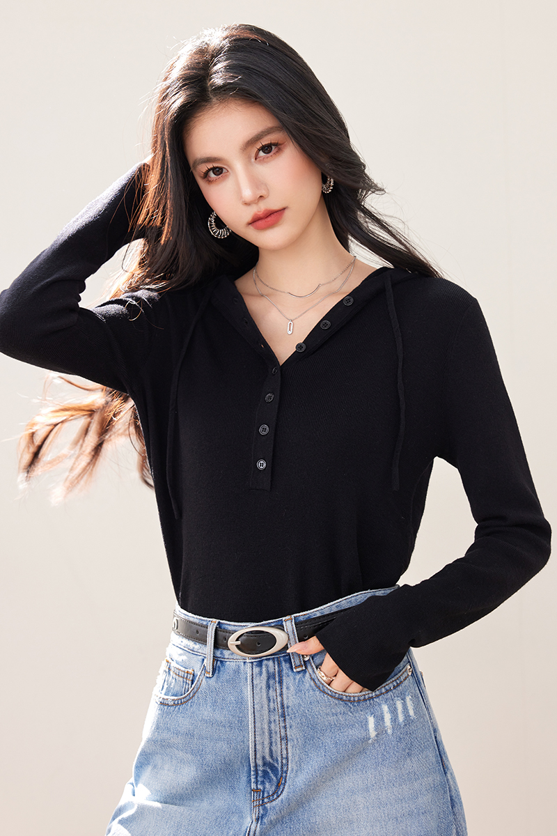 Screw thread black single-breasted wool sweater for women
