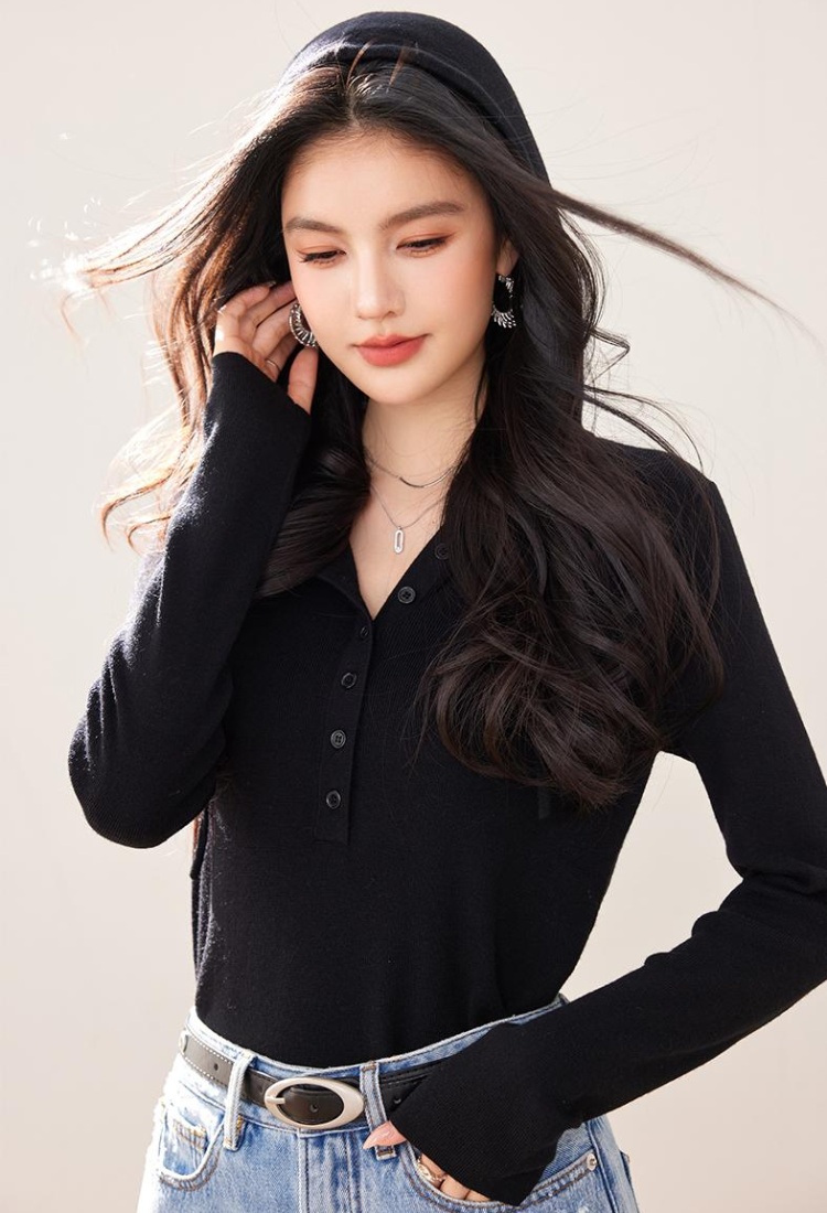 Screw thread black single-breasted wool sweater for women