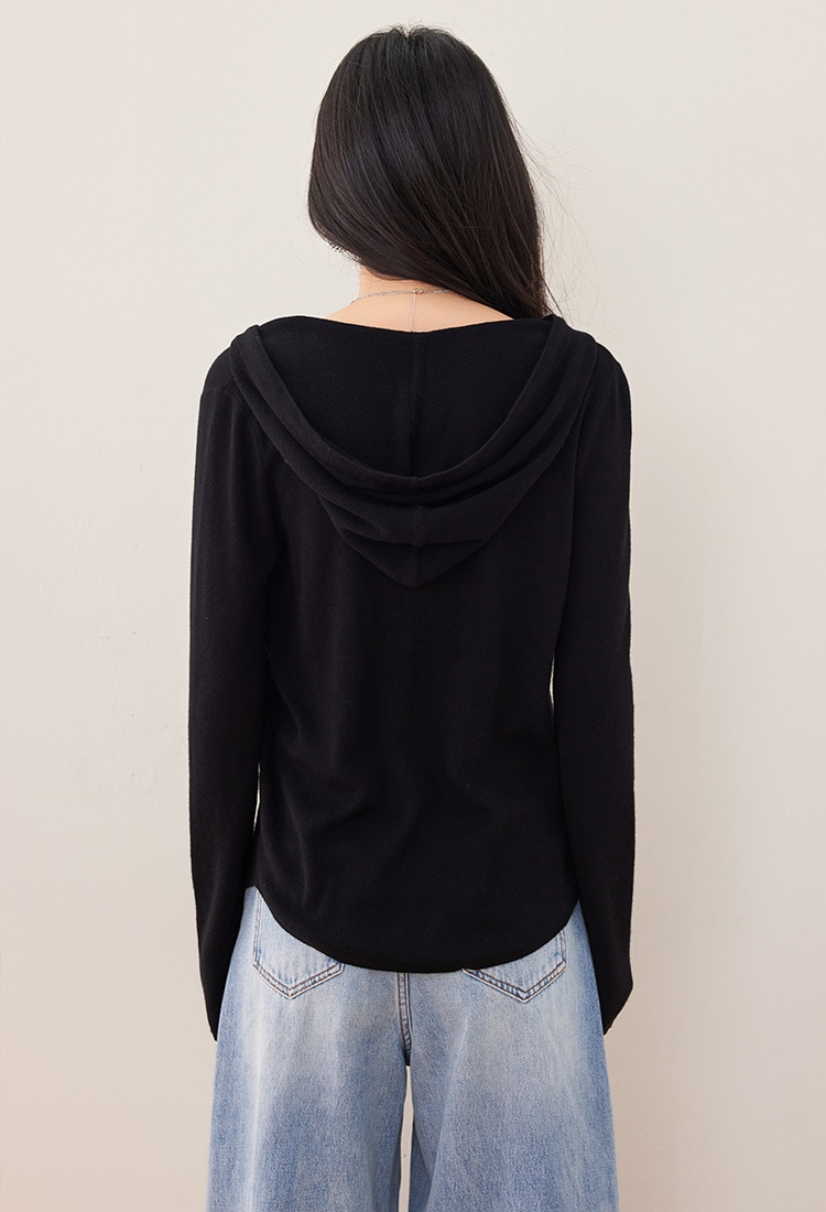 Screw thread black single-breasted wool sweater for women