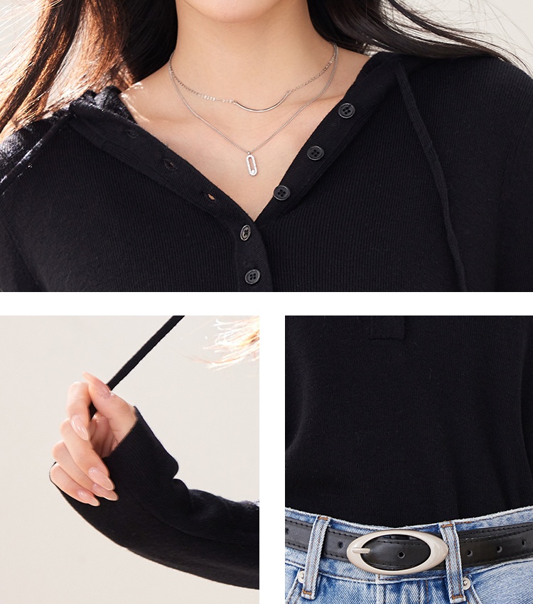 Screw thread black single-breasted wool sweater for women