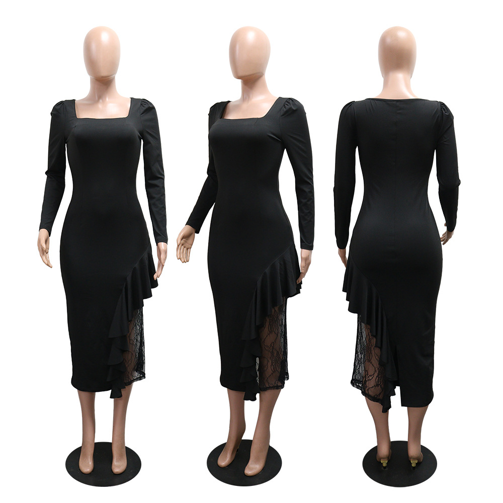 European style splice square collar sexy dress for women