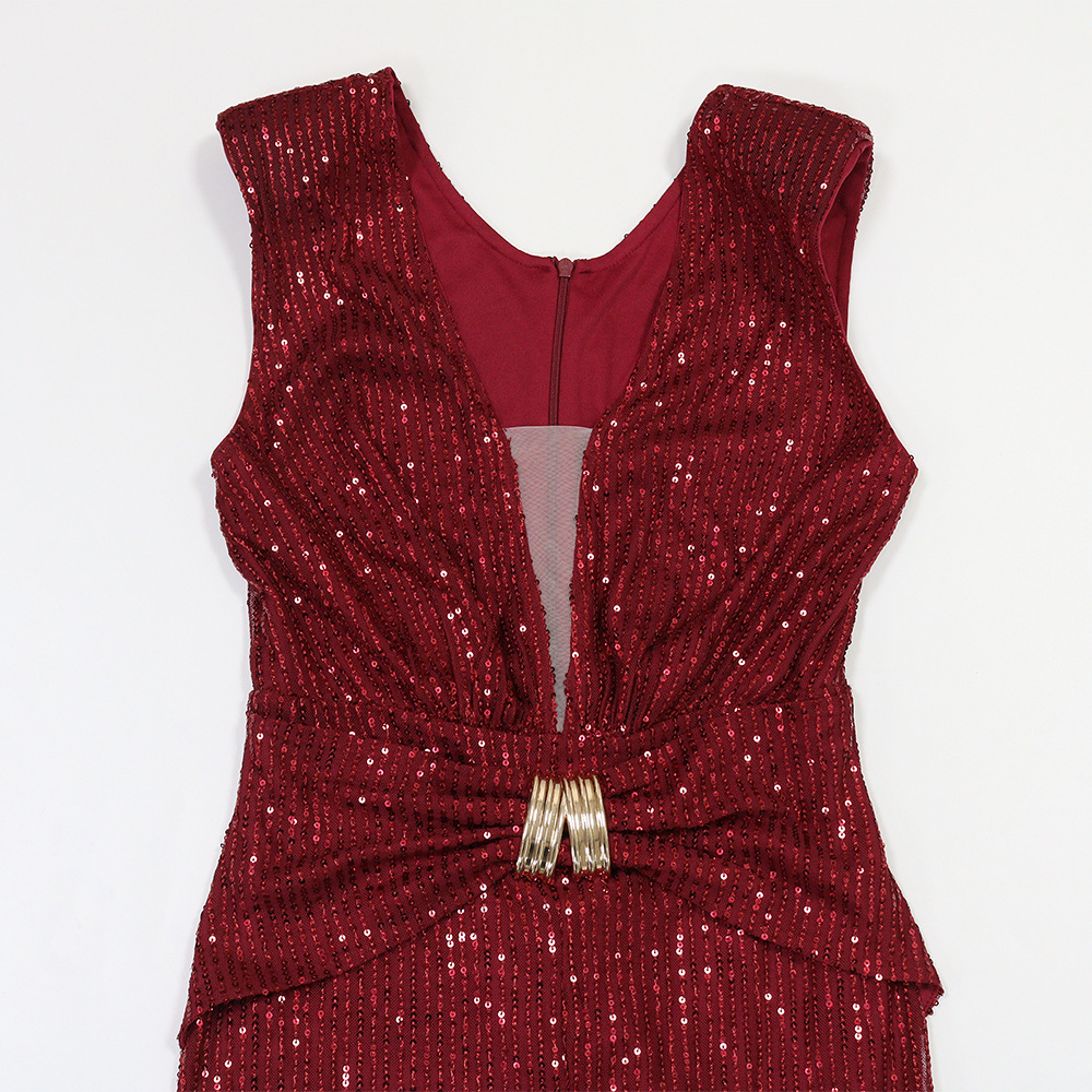 Sequins fashion dress V-neck split long dress