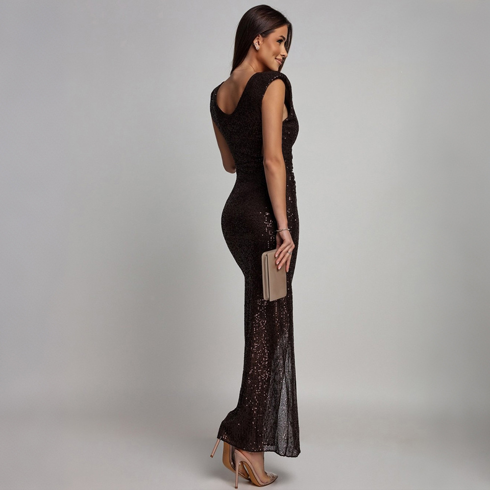 Sequins fashion dress V-neck split long dress