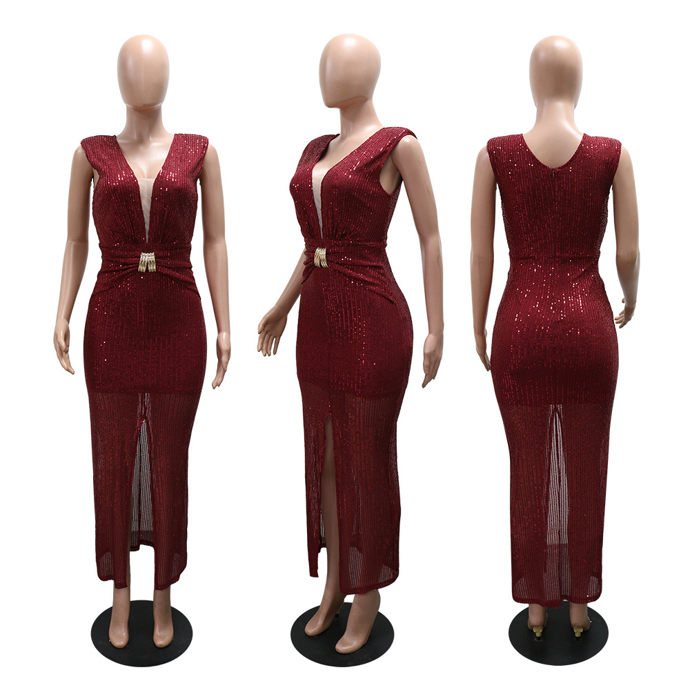 Sequins fashion dress V-neck split long dress