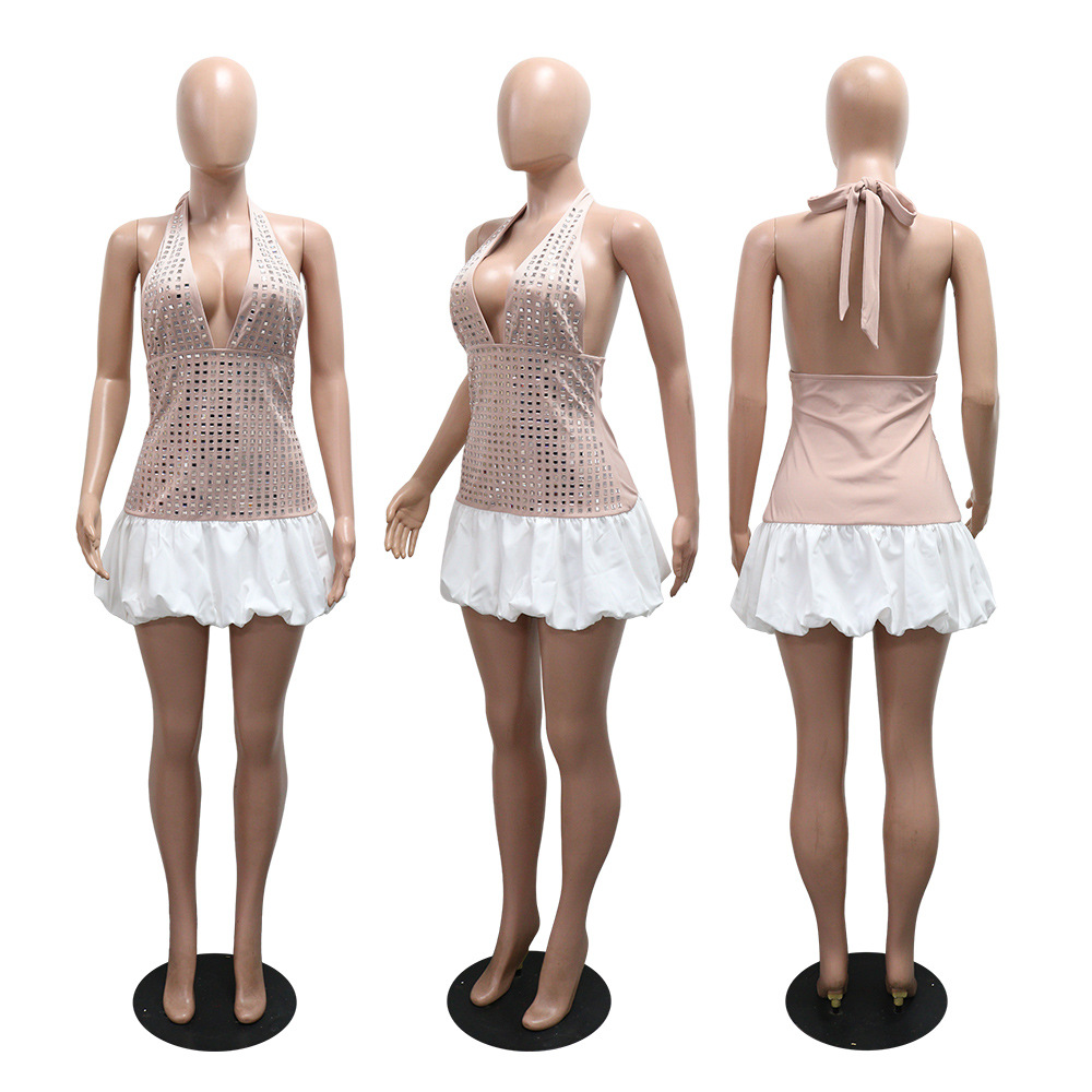 Rhinestone sexy dress splice sleeveless T-back