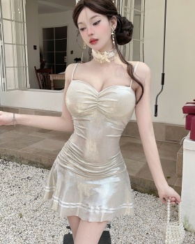 Bottoming package hip low-cut flash sling short dress