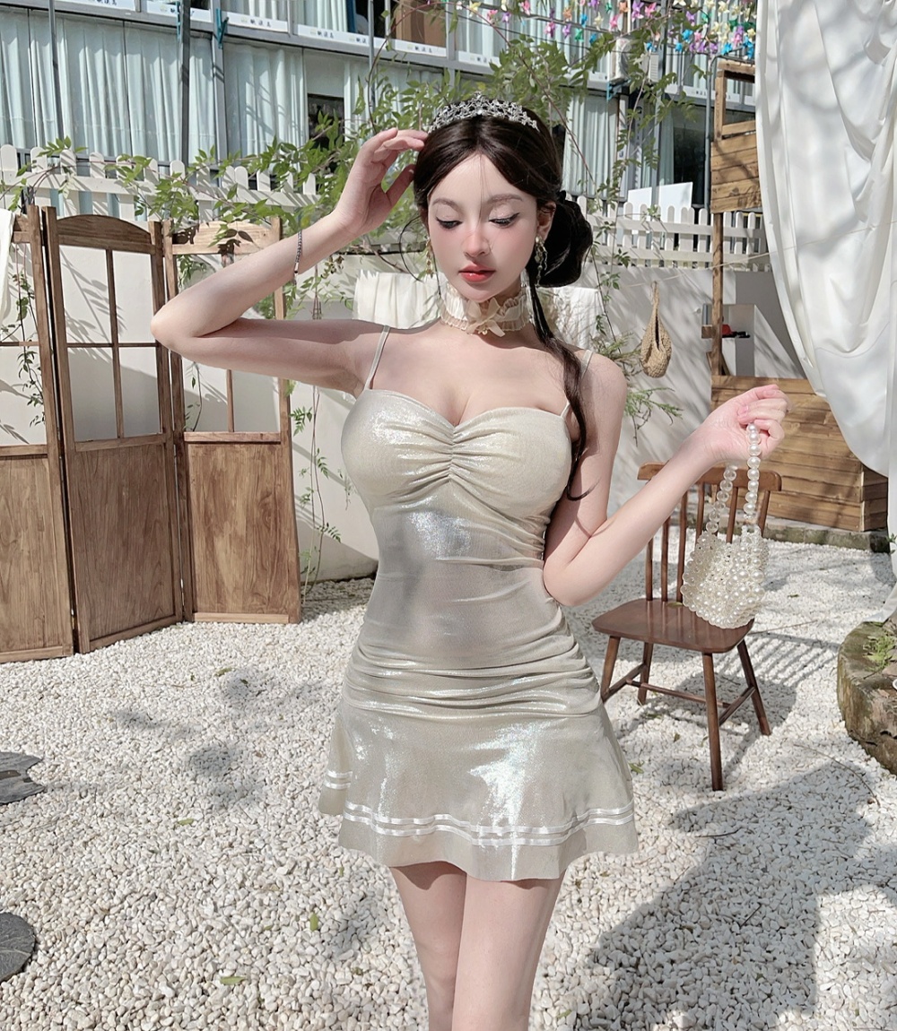 Bottoming package hip low-cut flash sling short dress