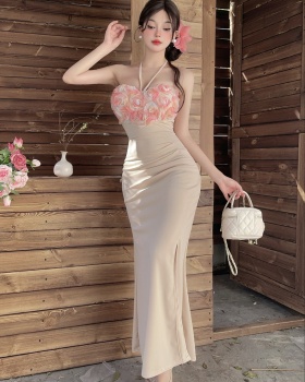 Low-cut sexy splice formal dress long high split flowers dress