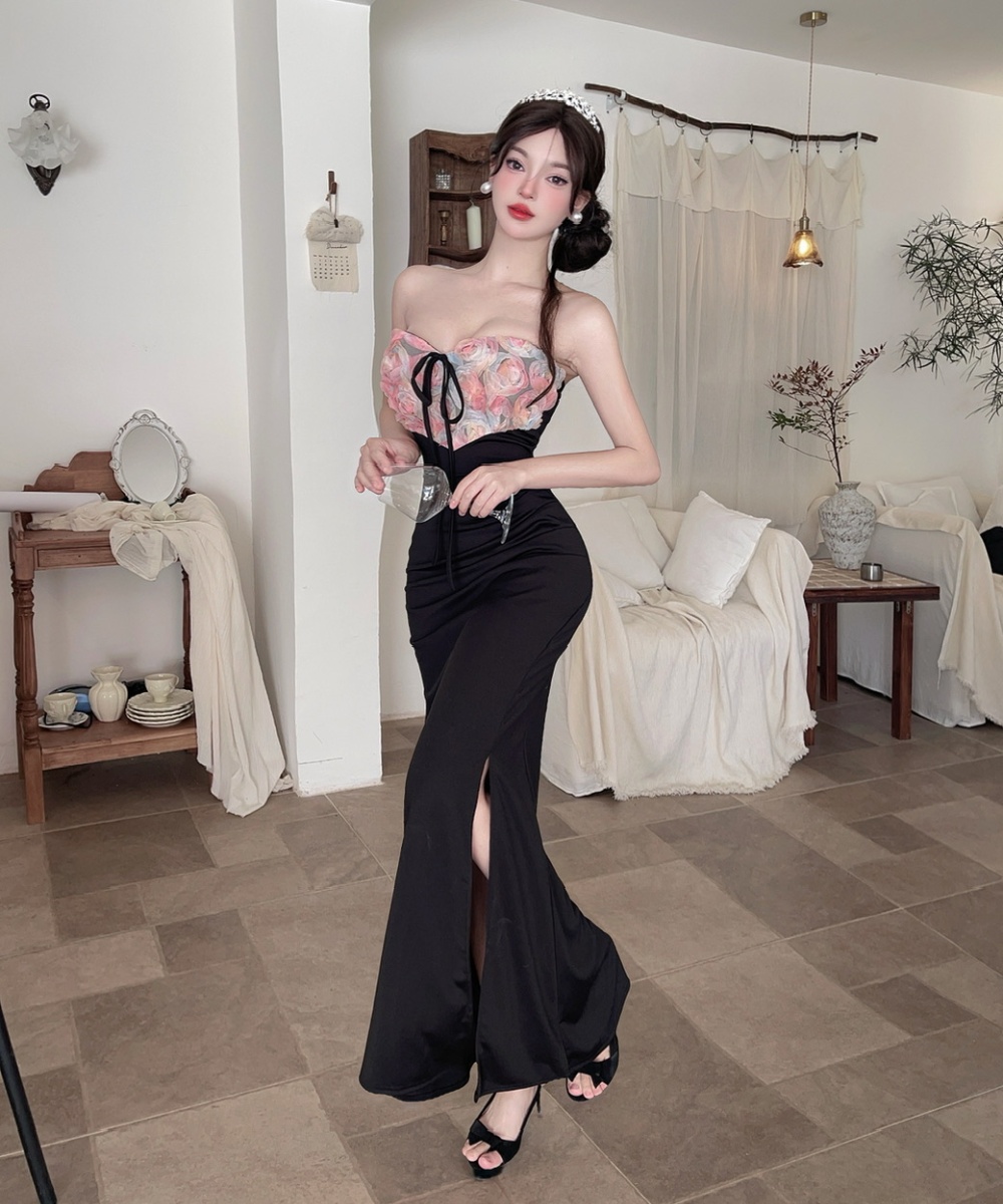 Low-cut sexy splice formal dress long high split flowers dress