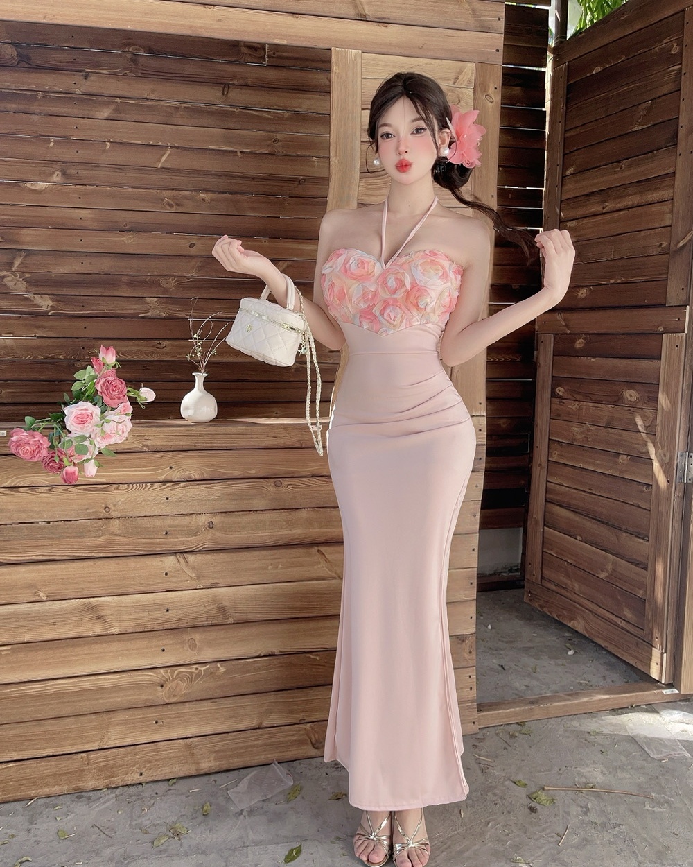 Low-cut sexy splice formal dress long high split flowers dress