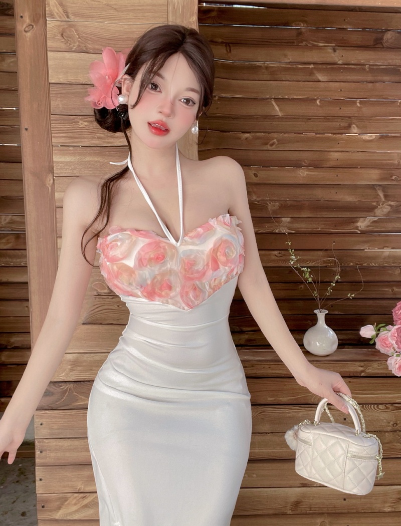 Low-cut sexy splice formal dress long high split flowers dress