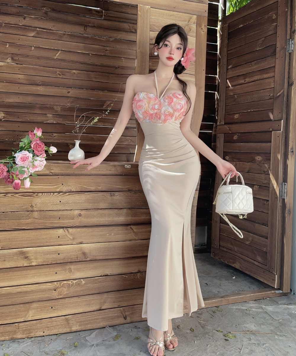 Low-cut sexy splice formal dress long high split flowers dress