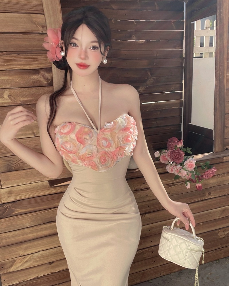 Low-cut sexy splice formal dress long high split flowers dress