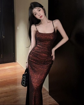 Bottoming long sexy tight slit sling flash low-cut dress