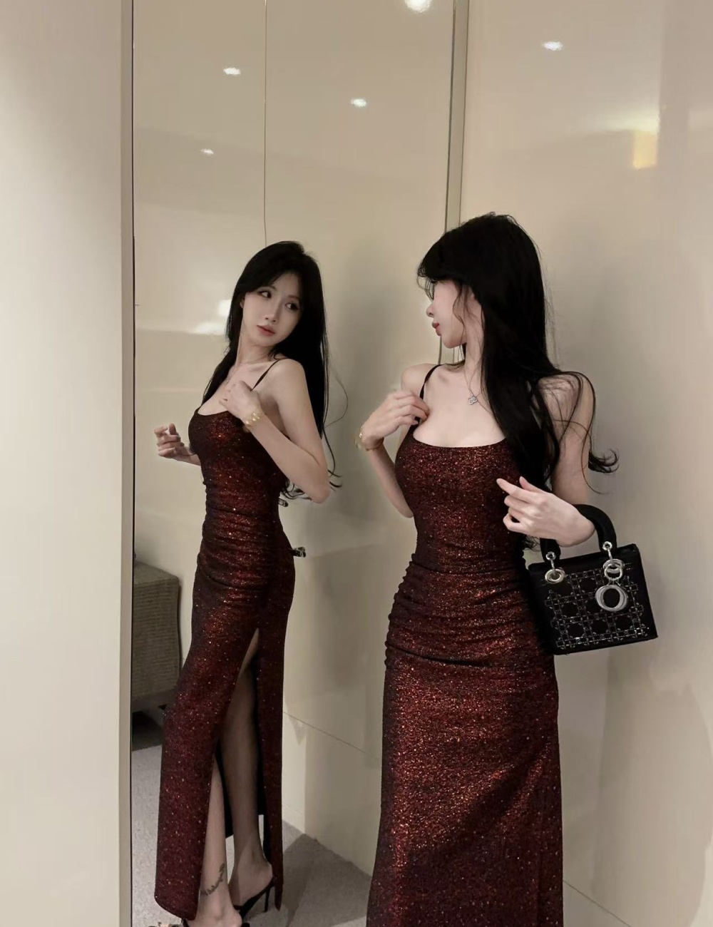 Bottoming long sexy tight slit sling flash low-cut dress