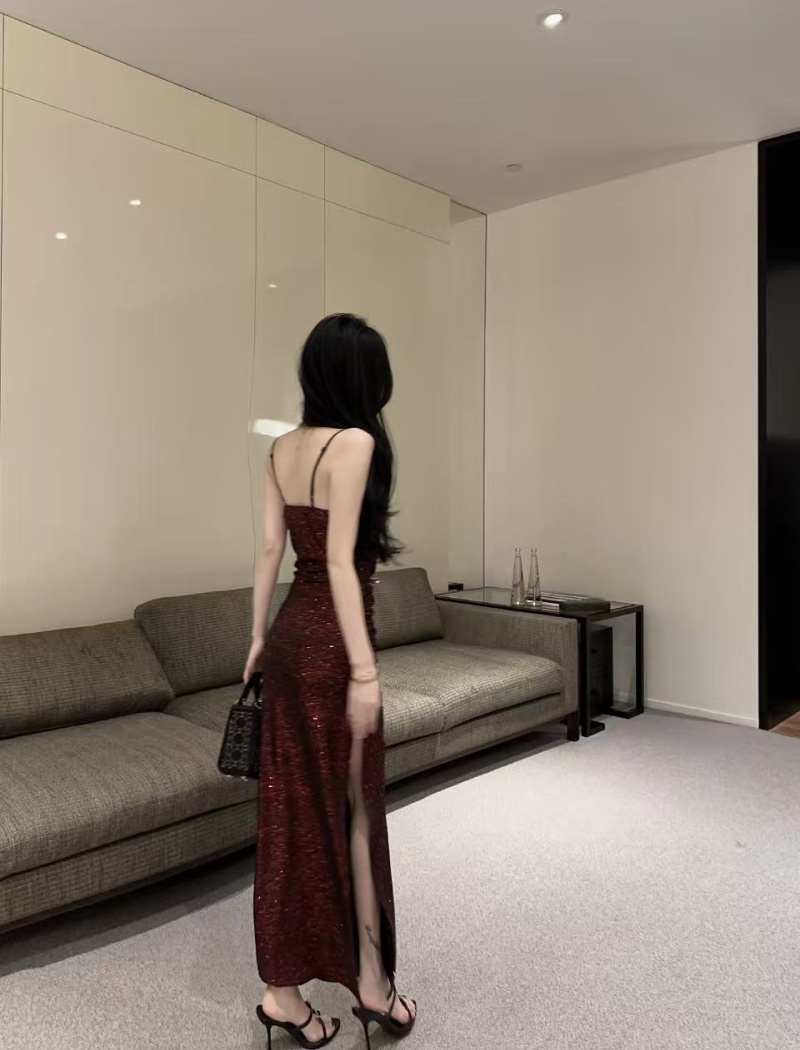 Bottoming long sexy tight slit sling flash low-cut dress