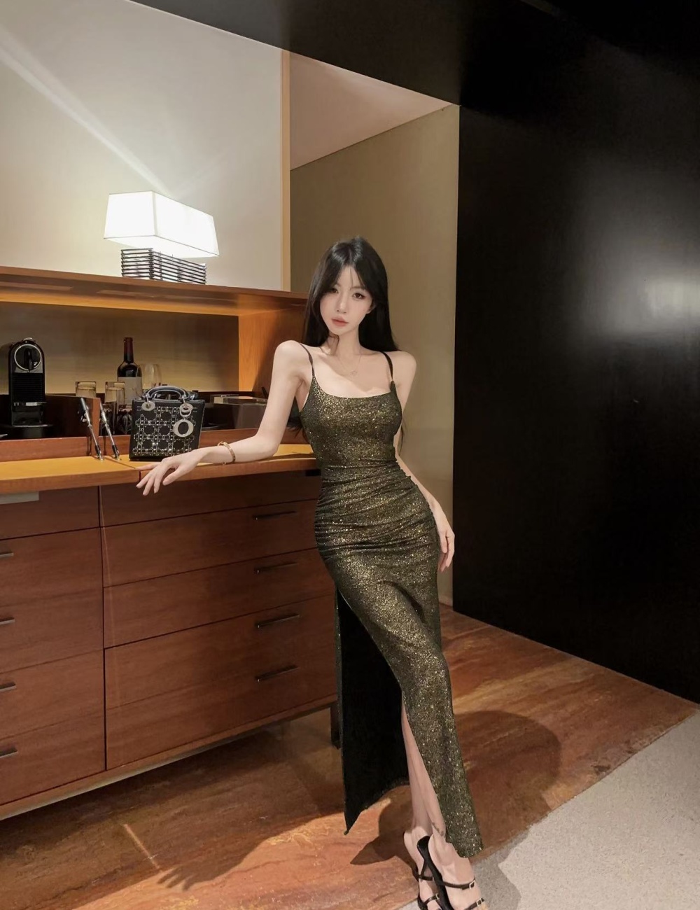 Bottoming long sexy tight slit sling flash low-cut dress