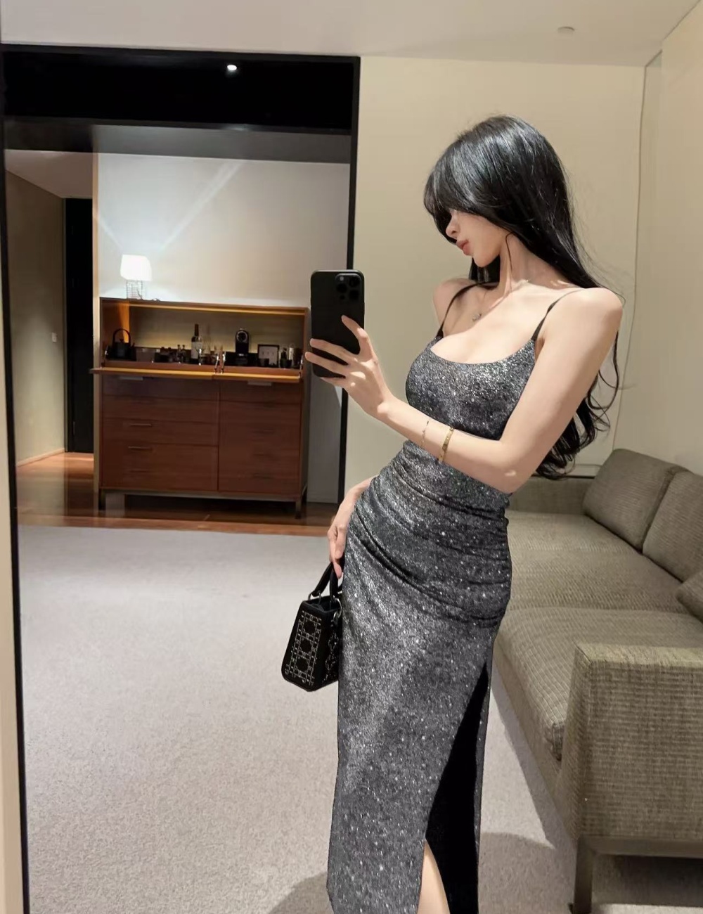 Bottoming long sexy tight slit sling flash low-cut dress